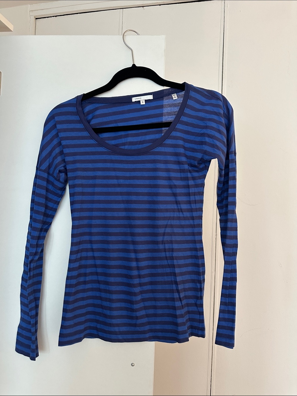 Vince Navy and Cobalt Blue Striped Scoop Neck Long-Sleeve Top
